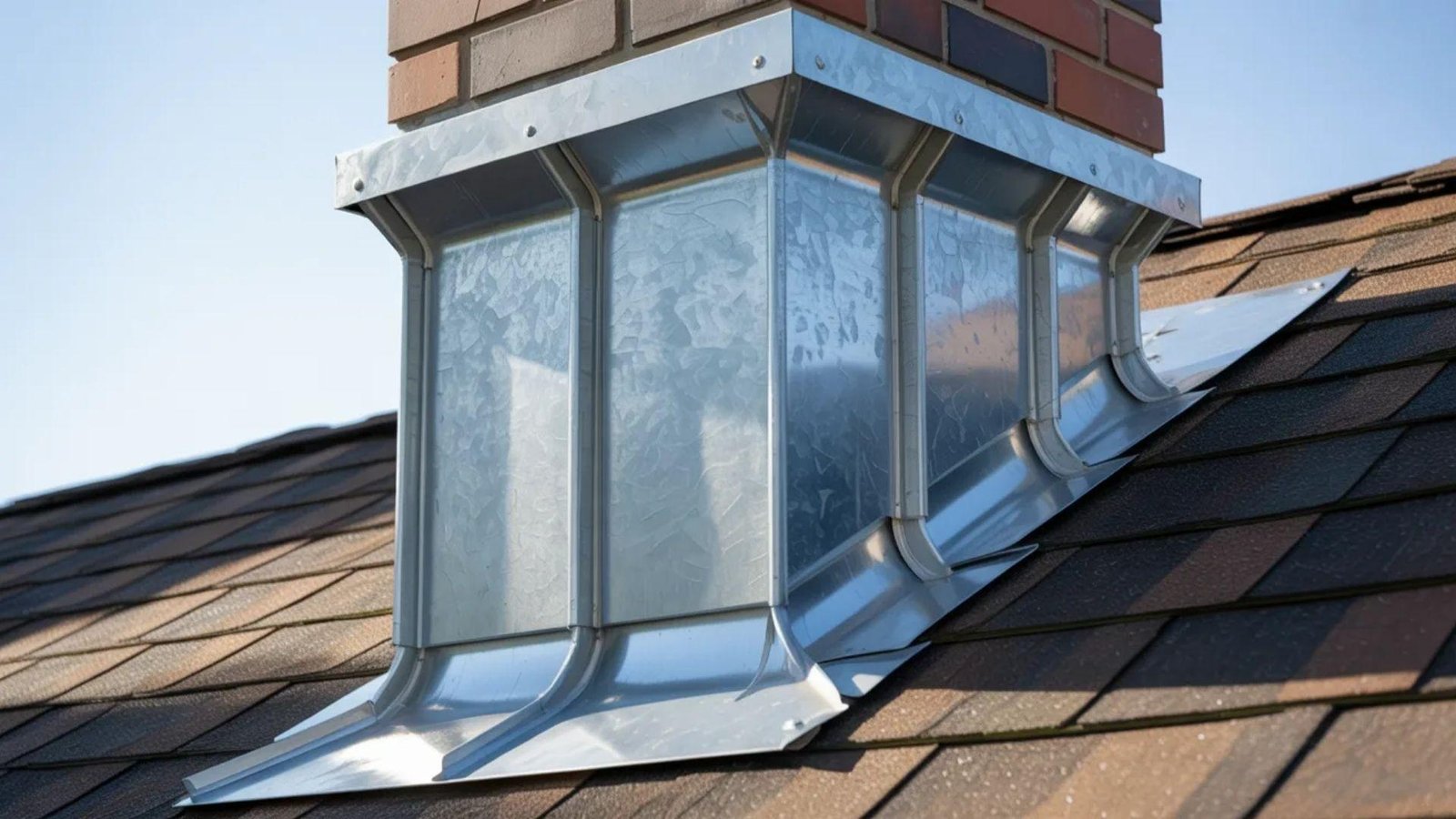 A metal chimney cap installed on a sloped roof, designed to protect the chimney from weather elements.