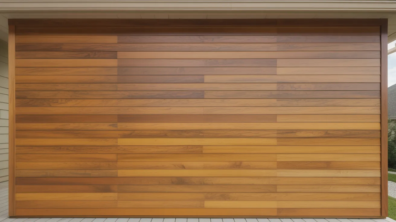 A modern garage door with horizontal wooden panels in various shades of brown, creating a warm, natural appearance against a light exterior wall.