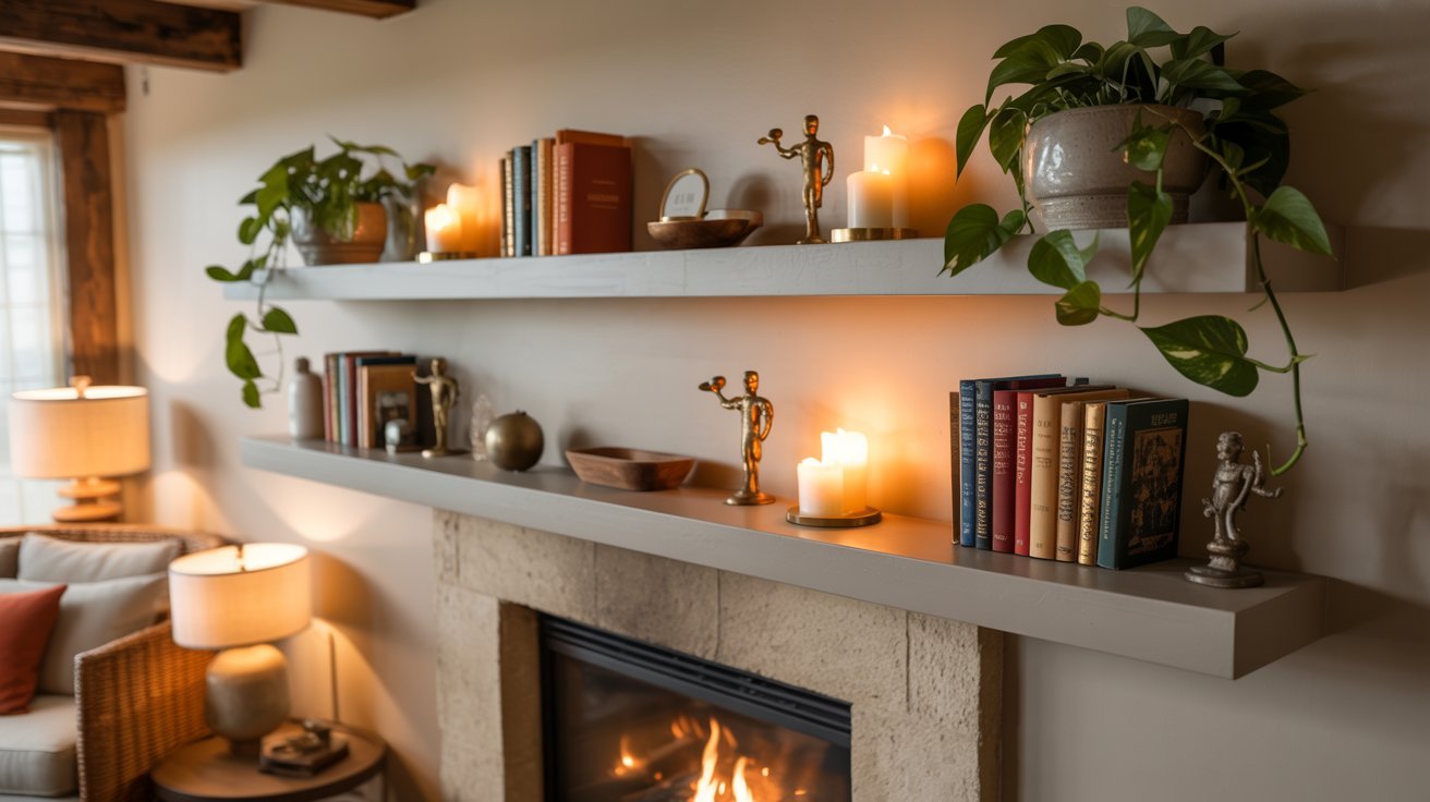 A cozy fireplace surrounded by shelves filled with books and lit candles, creating a warm and inviting atmosphere.