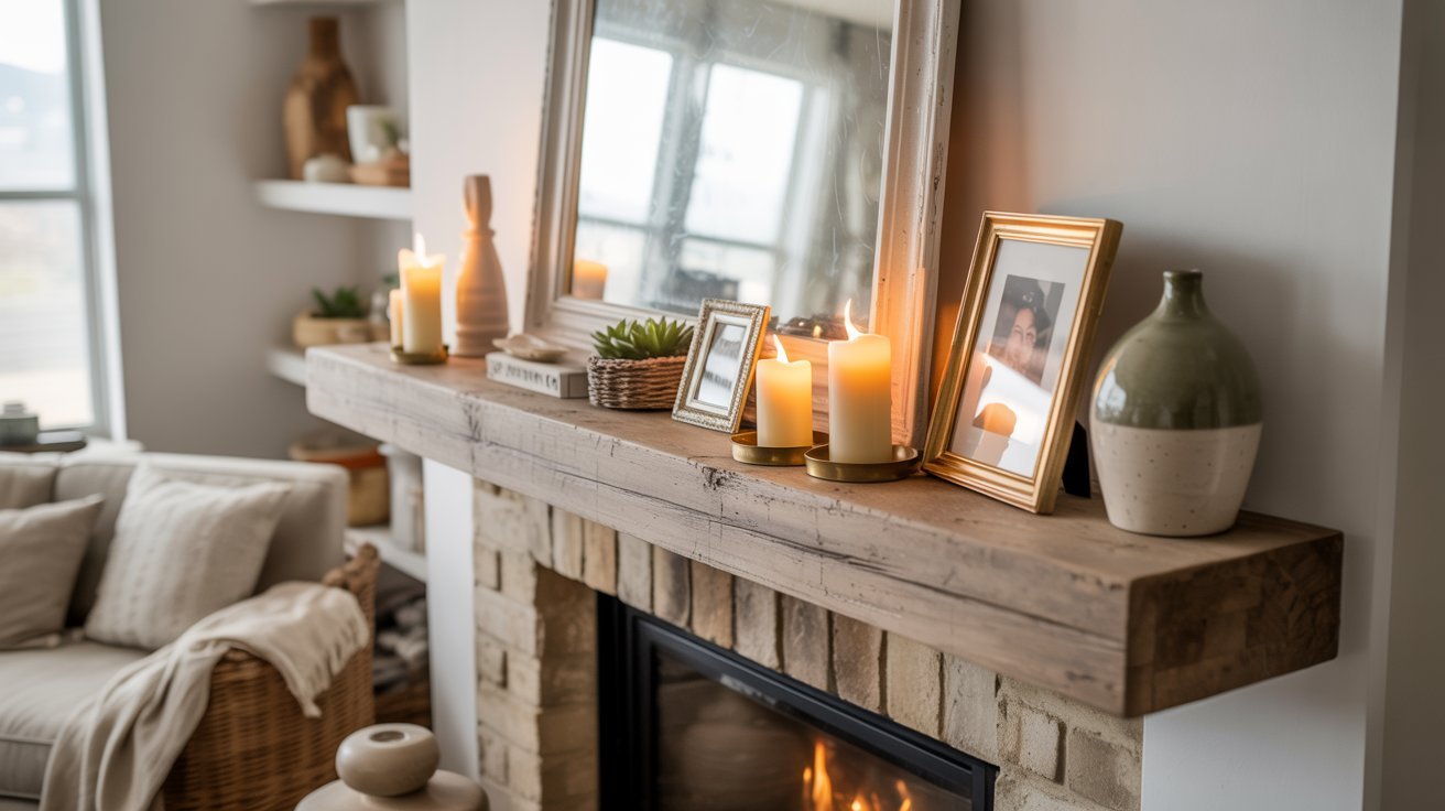 A cozy fireplace adorned with candles and a decorative mirror above it, creating a warm and inviting atmosphere.
