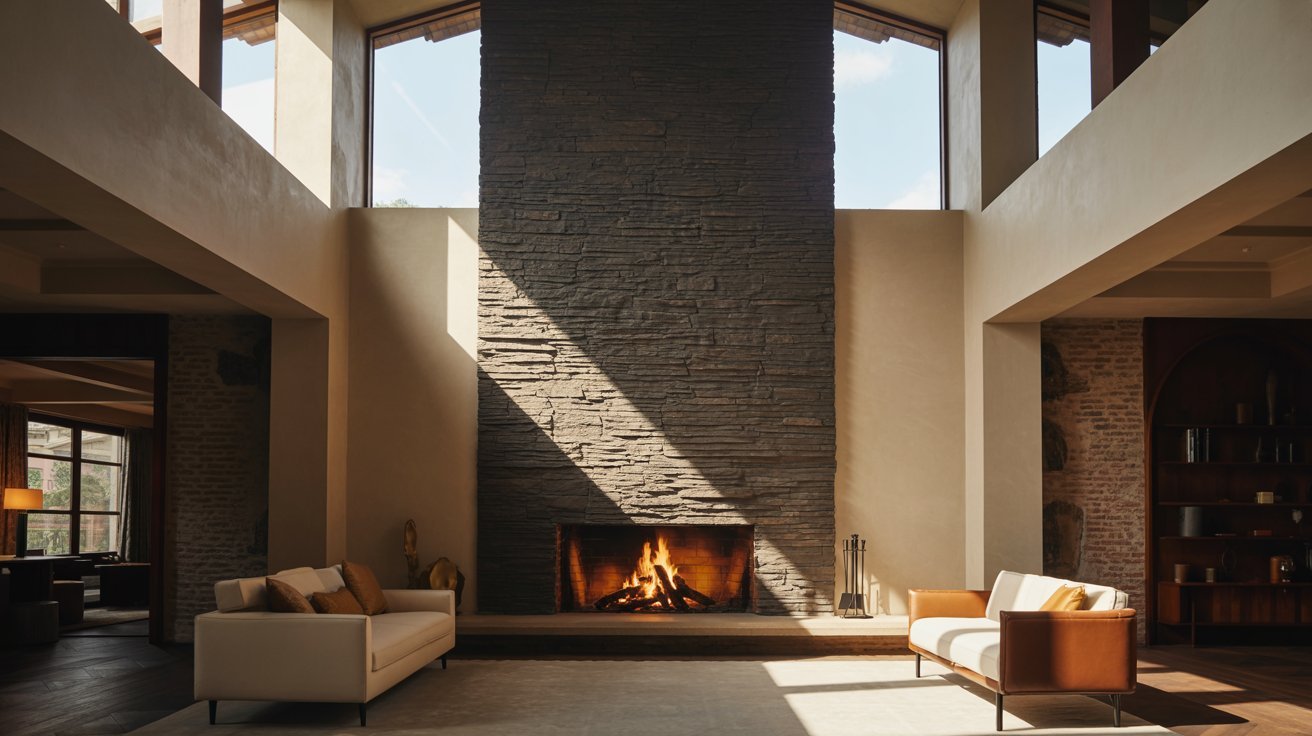 A cozy living room featuring a stone fireplace and large windows allowing natural light to fill the space.