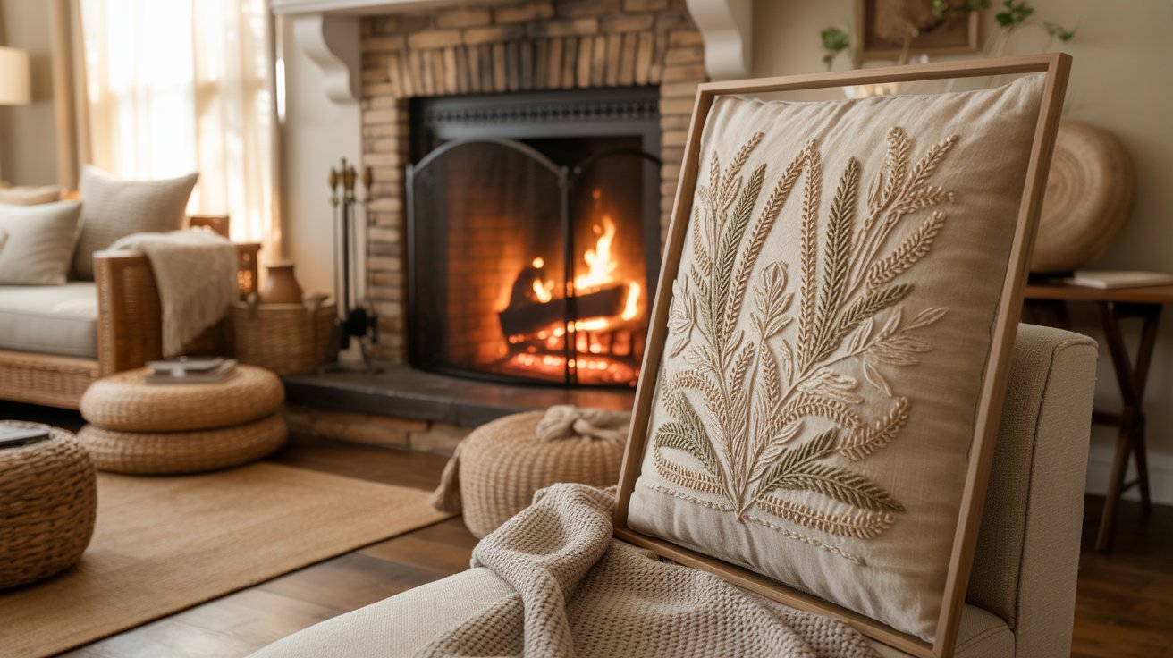 A cozy fireplace with a decorative rug and soft pillows arranged in front, creating a warm and inviting atmosphere.