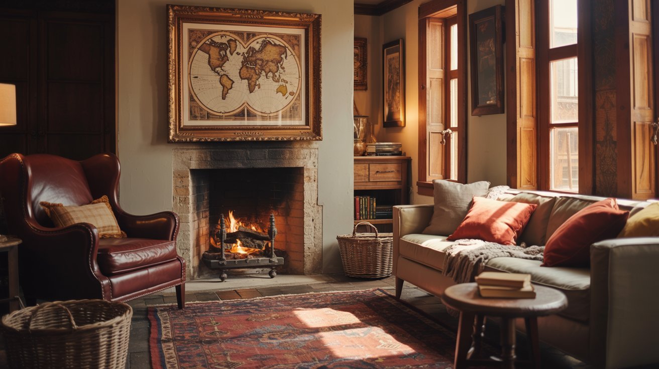 A warm living room scene with a fireplace and a stylish rug adding comfort to the space.
