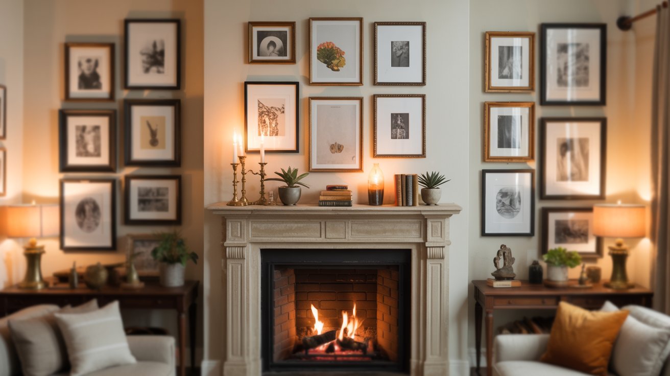 A cozy living room featuring a fireplace and several framed pictures on the walls, creating a warm atmosphere.