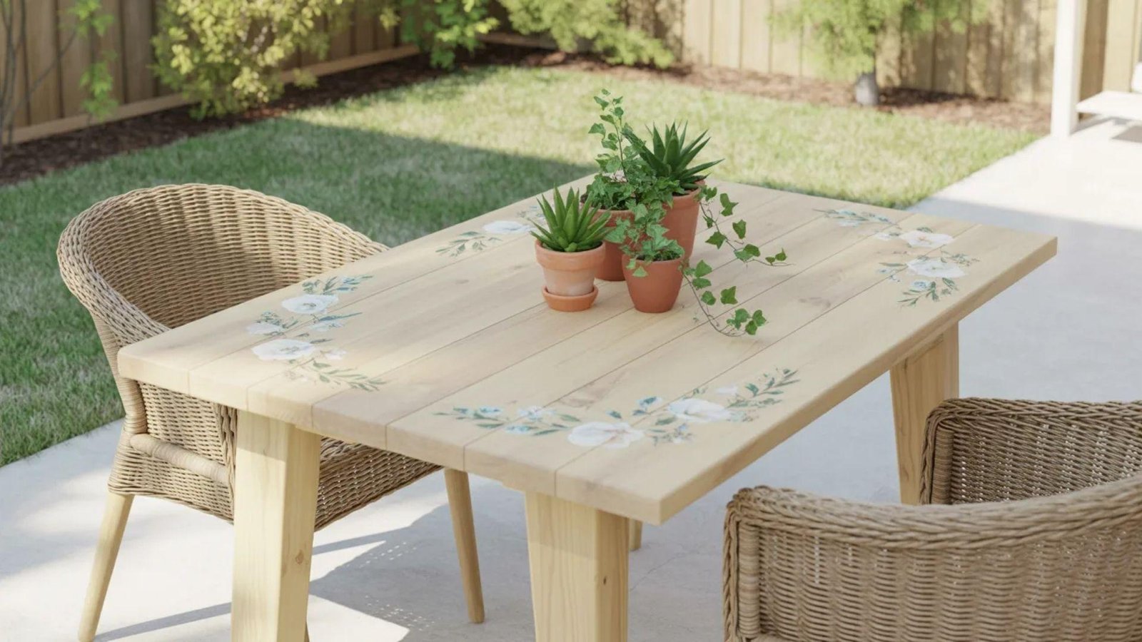 A wooden table surrounded by wicker chairs, adorned with various plants on its surface.