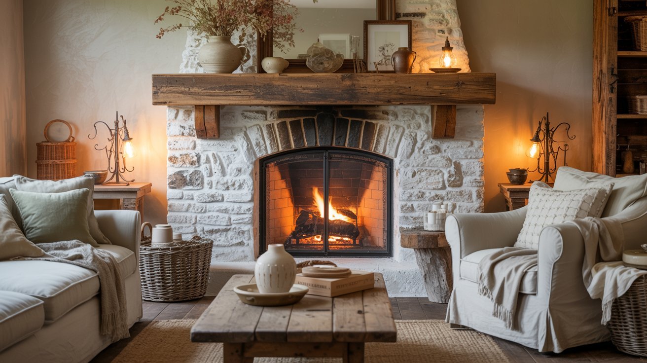 A cozy living room with a rustic stone fireplace, warm fire, and soft lighting. Comfortable armchairs, a wooden table with books, and decorative vases enhance the inviting atmosphere.