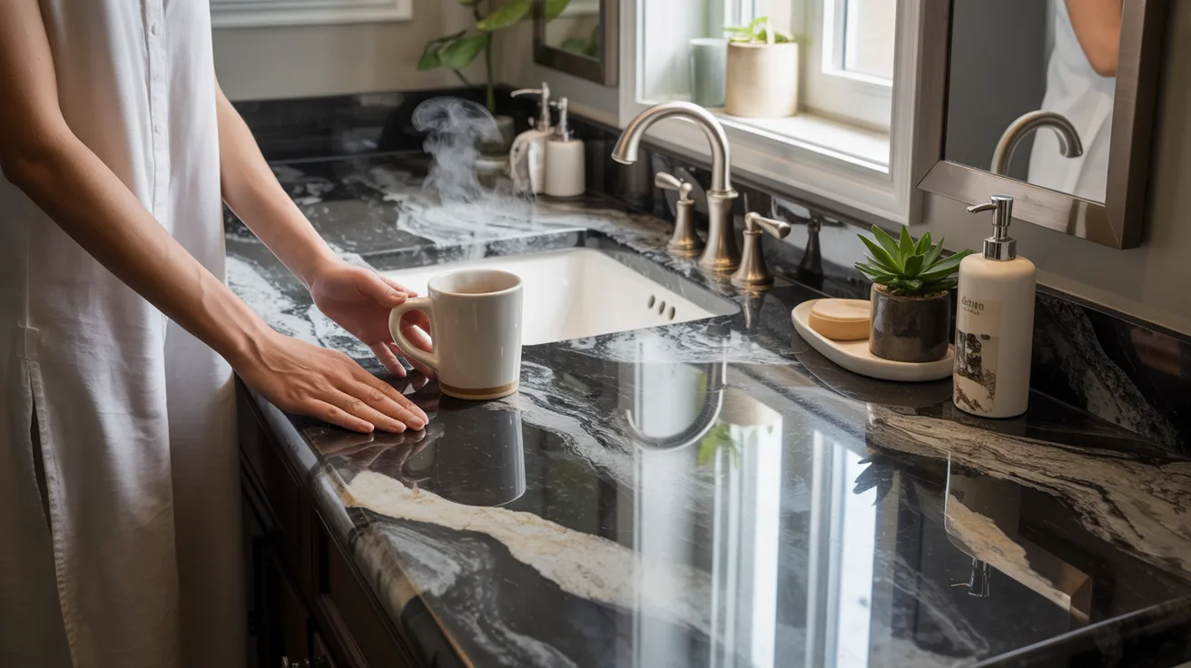 A woman holds a steaming mug of coffee in her hand, enjoying a moment of relaxation.