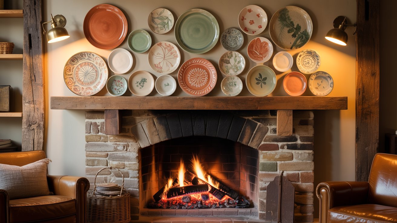 A cozy fireplace adorned with decorative plates displayed on the mantle above it.