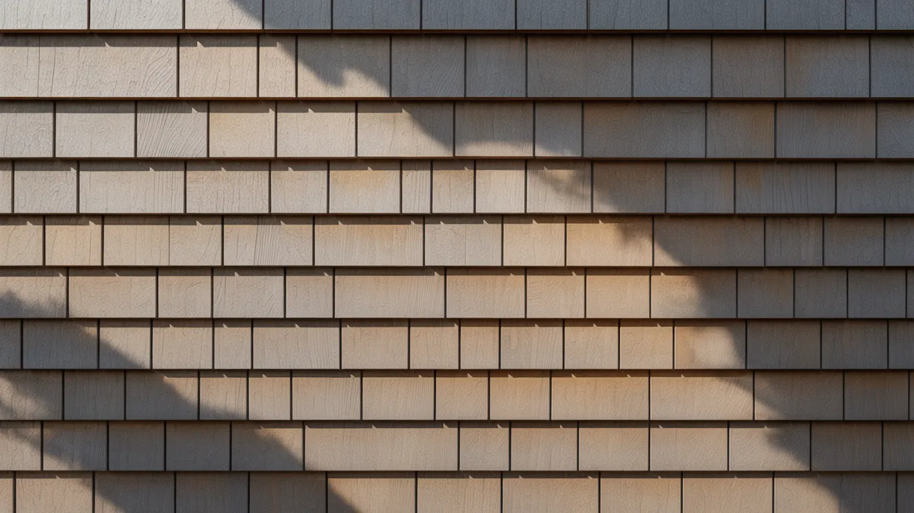 Wooden shingles cover a wall, creating a grid pattern. Light and shadow form diagonal lines, adding texture and a warm, natural tone.