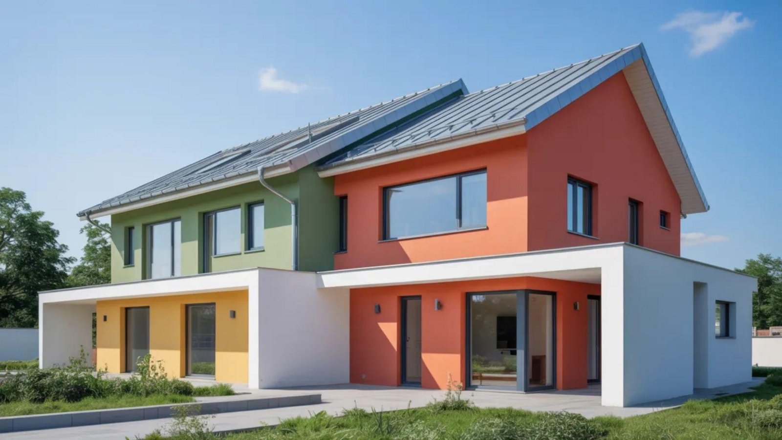 A modern house featuring a vibrant, colorful exterior with a sleek design and large windows.