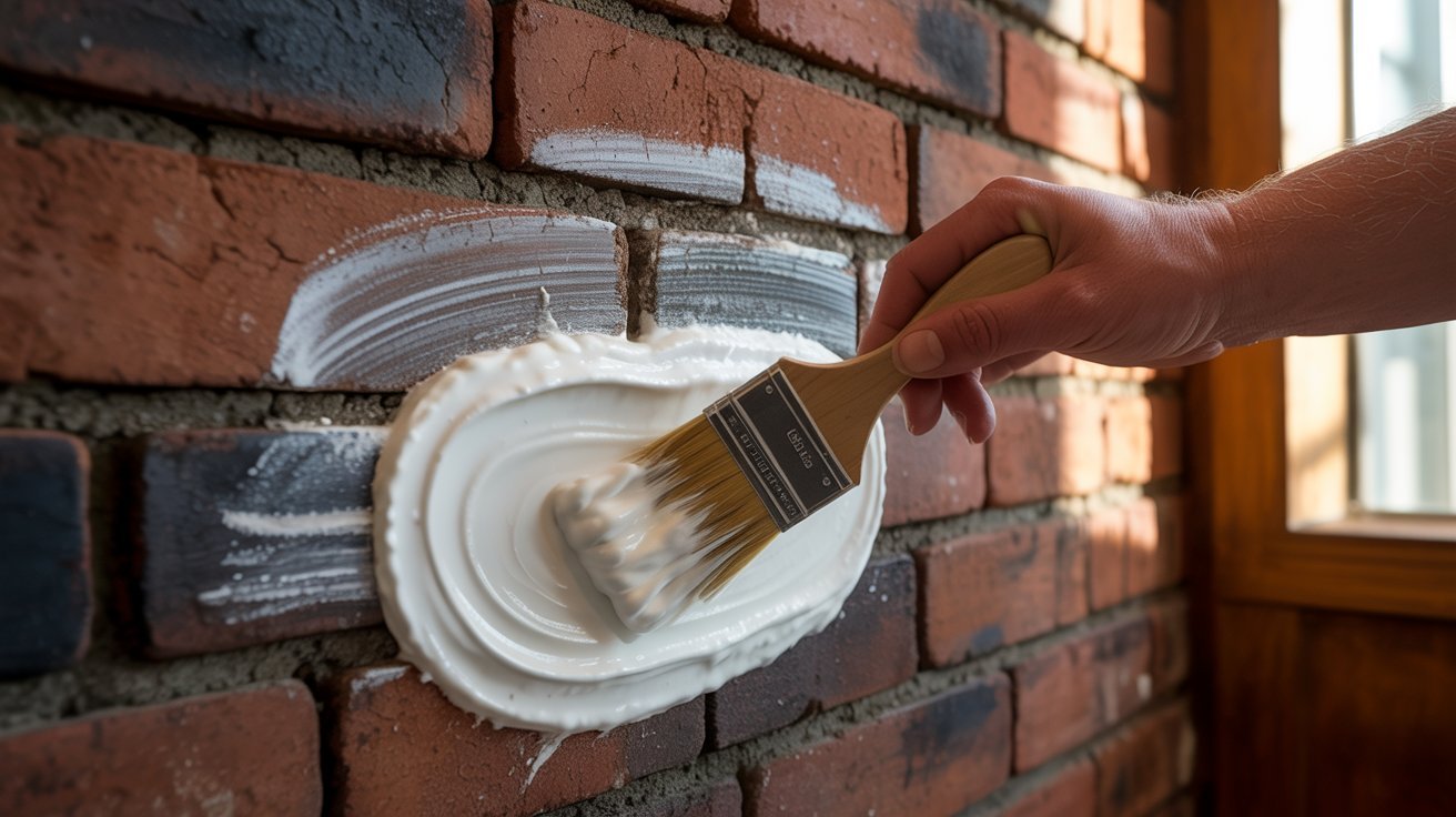 An individual using a brush to apply paint to a textured brick wall, showcasing their artistic effort.