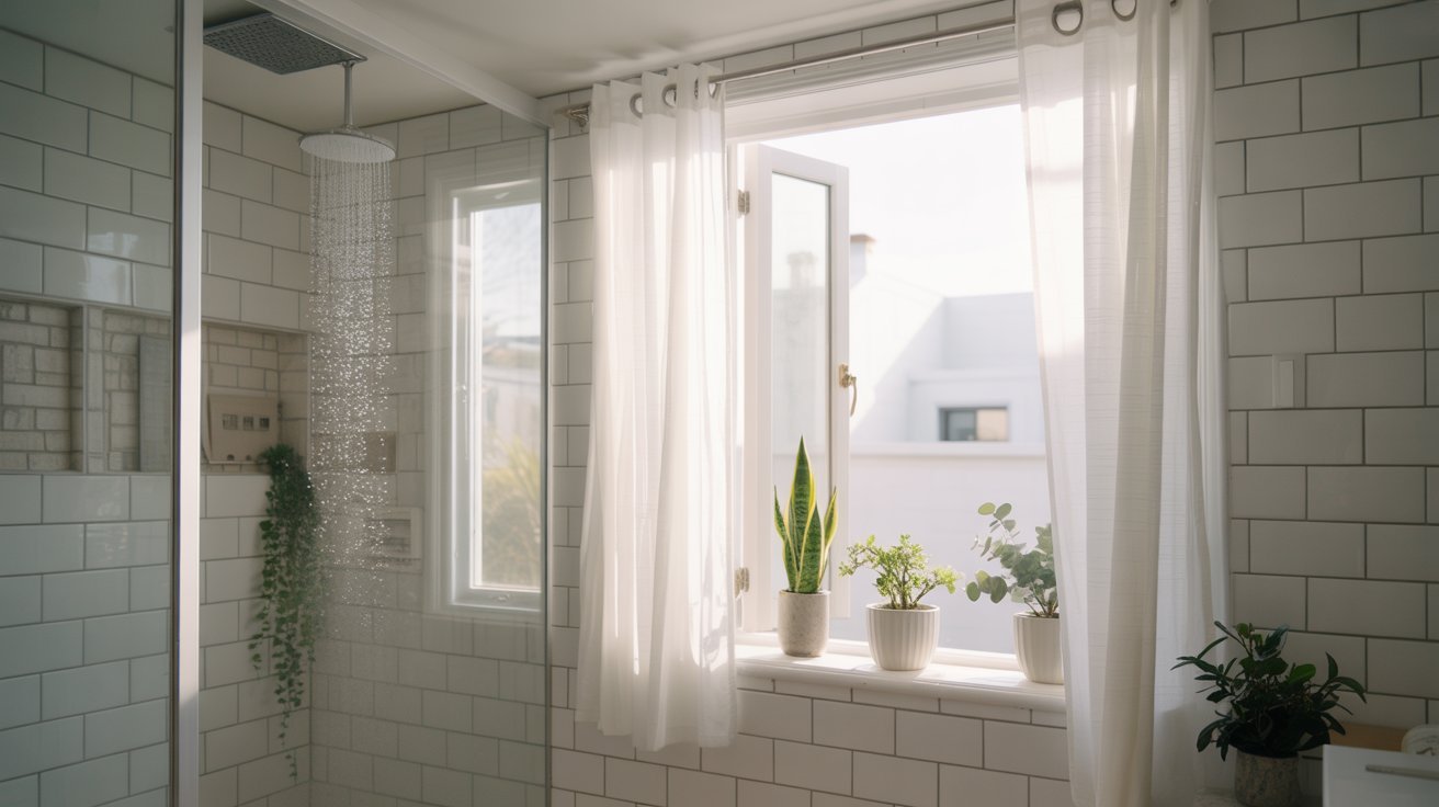 Bright bathroom with white subway tiles, a shower, and an open window letting in sunlight. Potted plants on the windowsill create a serene, fresh vibe.