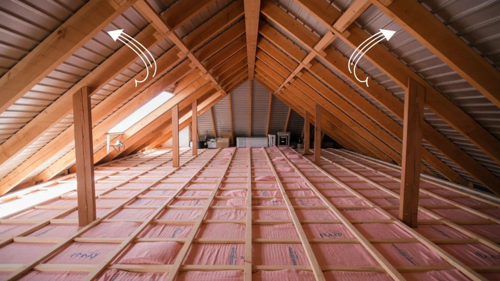 A room featuring a ceiling and insulation, showcasing a well-constructed interior space.