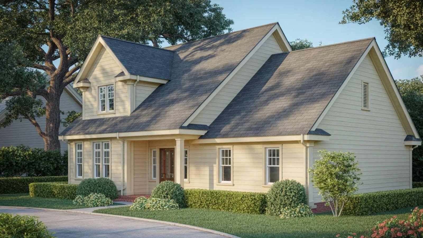 An artist's rendering of a small house, featuring a cozy design with a sloped roof and a welcoming front porch.