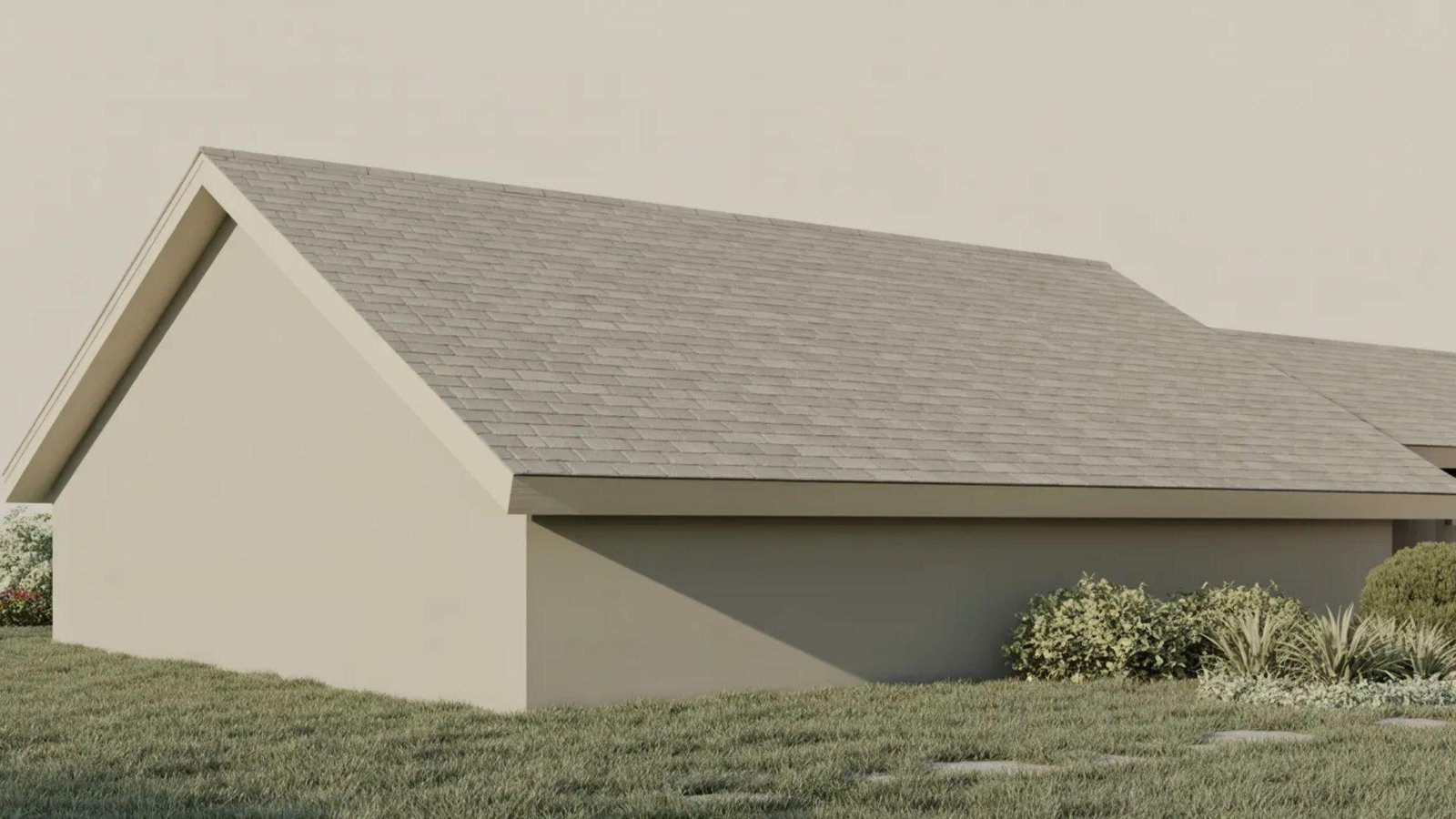 A rendering of a house featuring a sloped roof and a landscaped front yard with grass and shrubs.