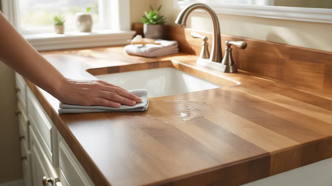 A person using a cloth to clean a wooden countertop in a bright kitchen setting.