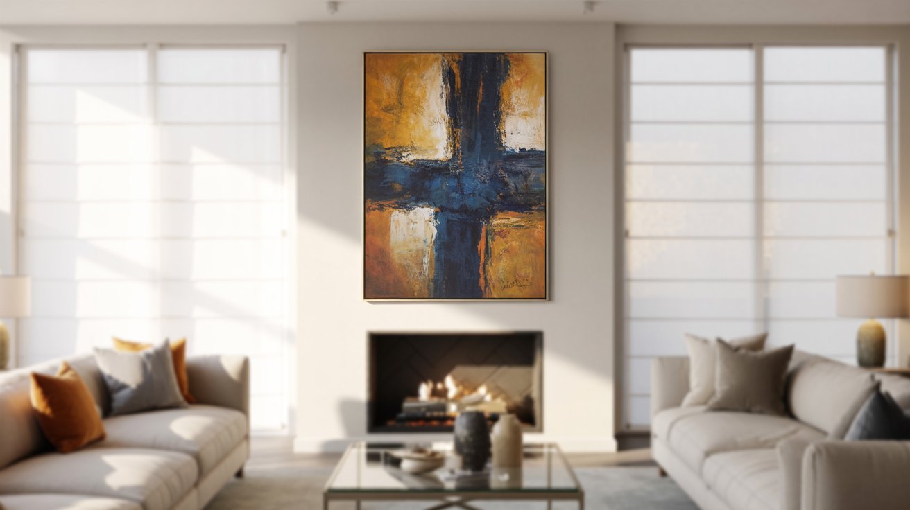 A prominent painting is positioned above a couch, adding character to the living room decor.