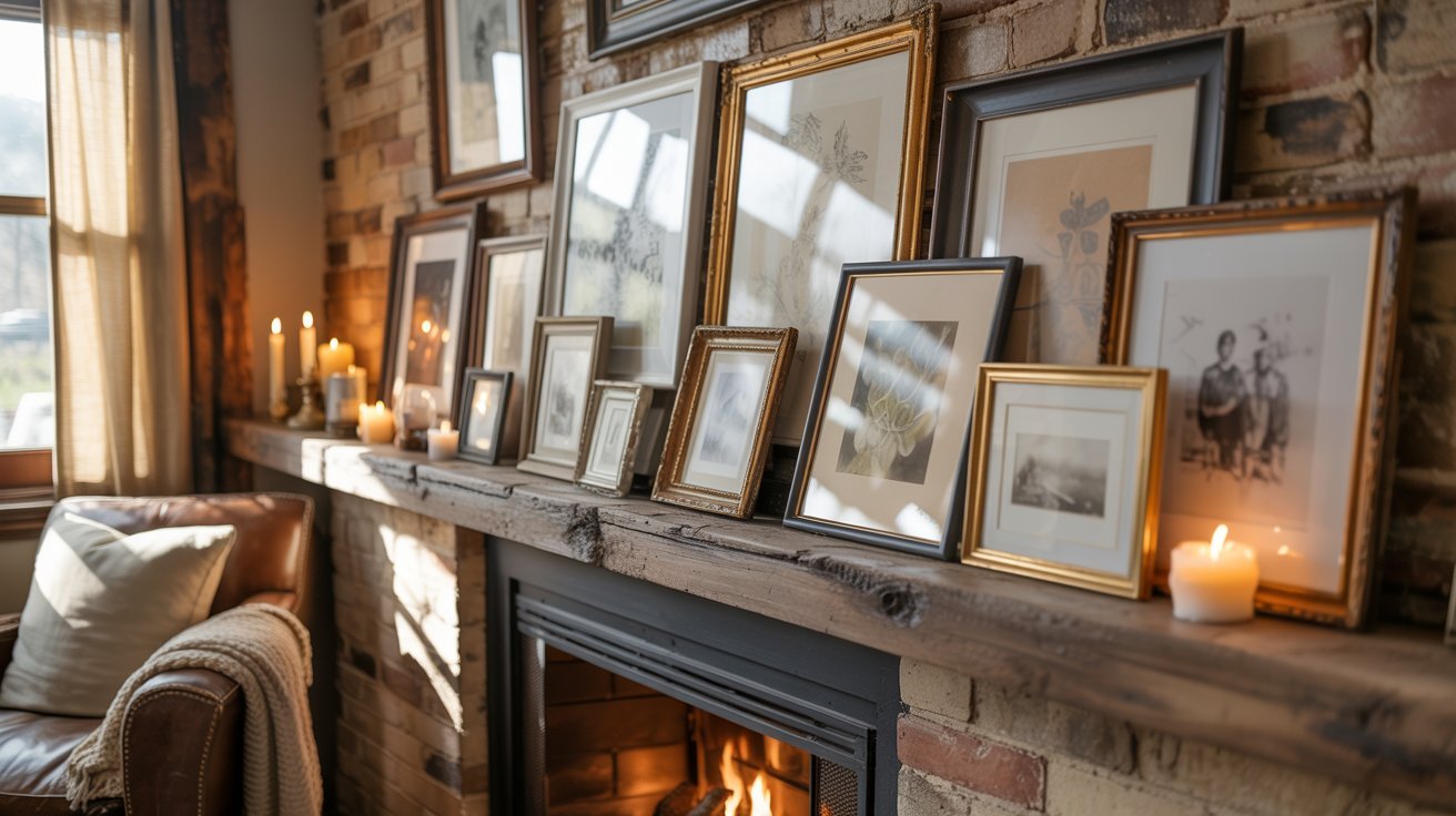 A cozy fireplace with framed pictures on the wall and a comfortable chair nearby, creating a warm living space.