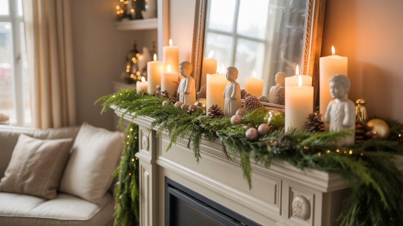 Lit candles on a mantle reflect in a mirror, creating a warm and inviting atmosphere.