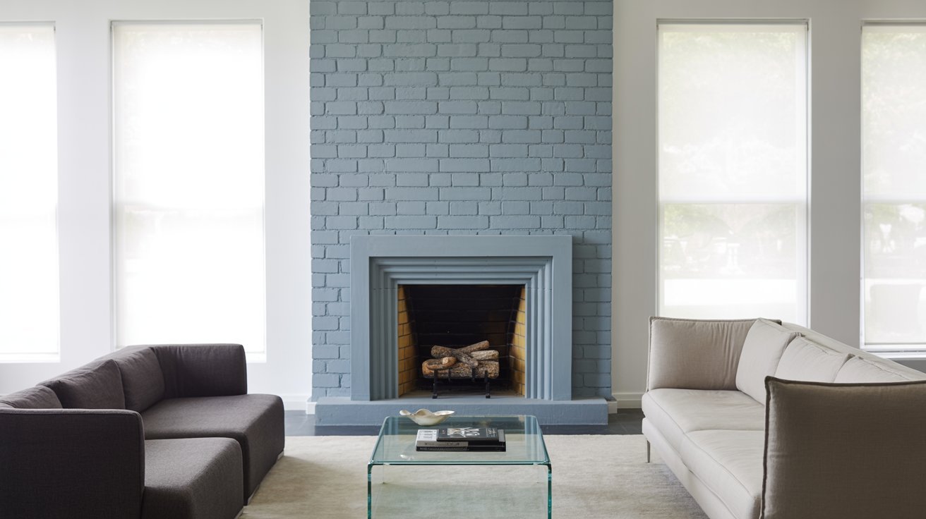 Stylish living room with a gray-blue brick fireplace, flanked by two windows. A dark gray sofa and a light gray sofa face a clear glass coffee table.
