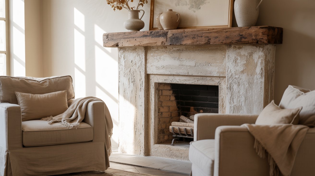 Cozy living room with a rustic fireplace, flanked by two beige armchairs with soft throws. Sunlight streams in, creating a warm and inviting atmosphere.