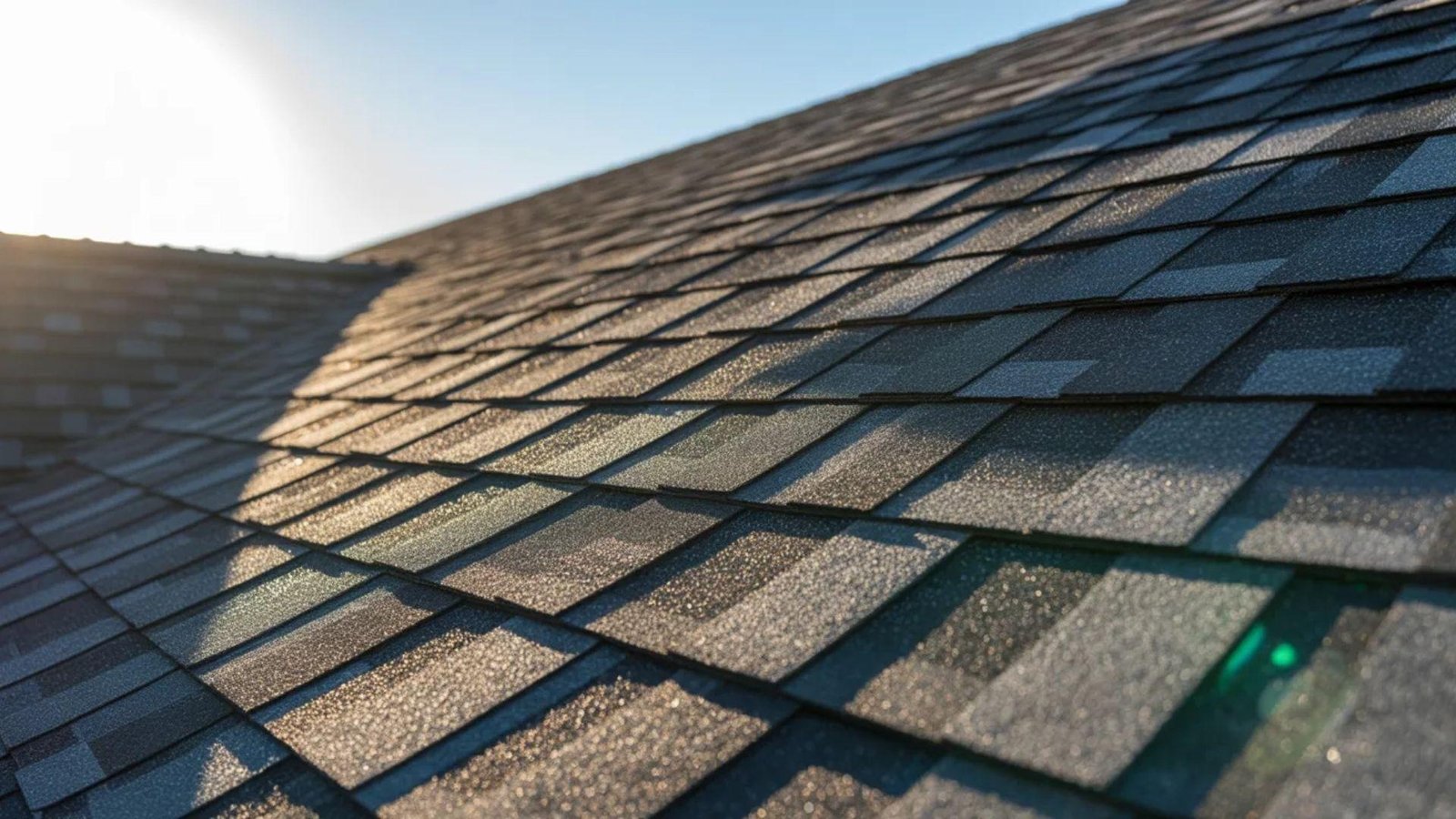 Close-up view of a roof featuring textured shingles in various shades of brown and gray.