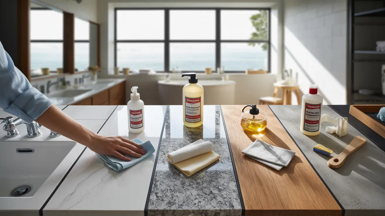 A person scrubbing a counter surface with a cleaning product in hand.
