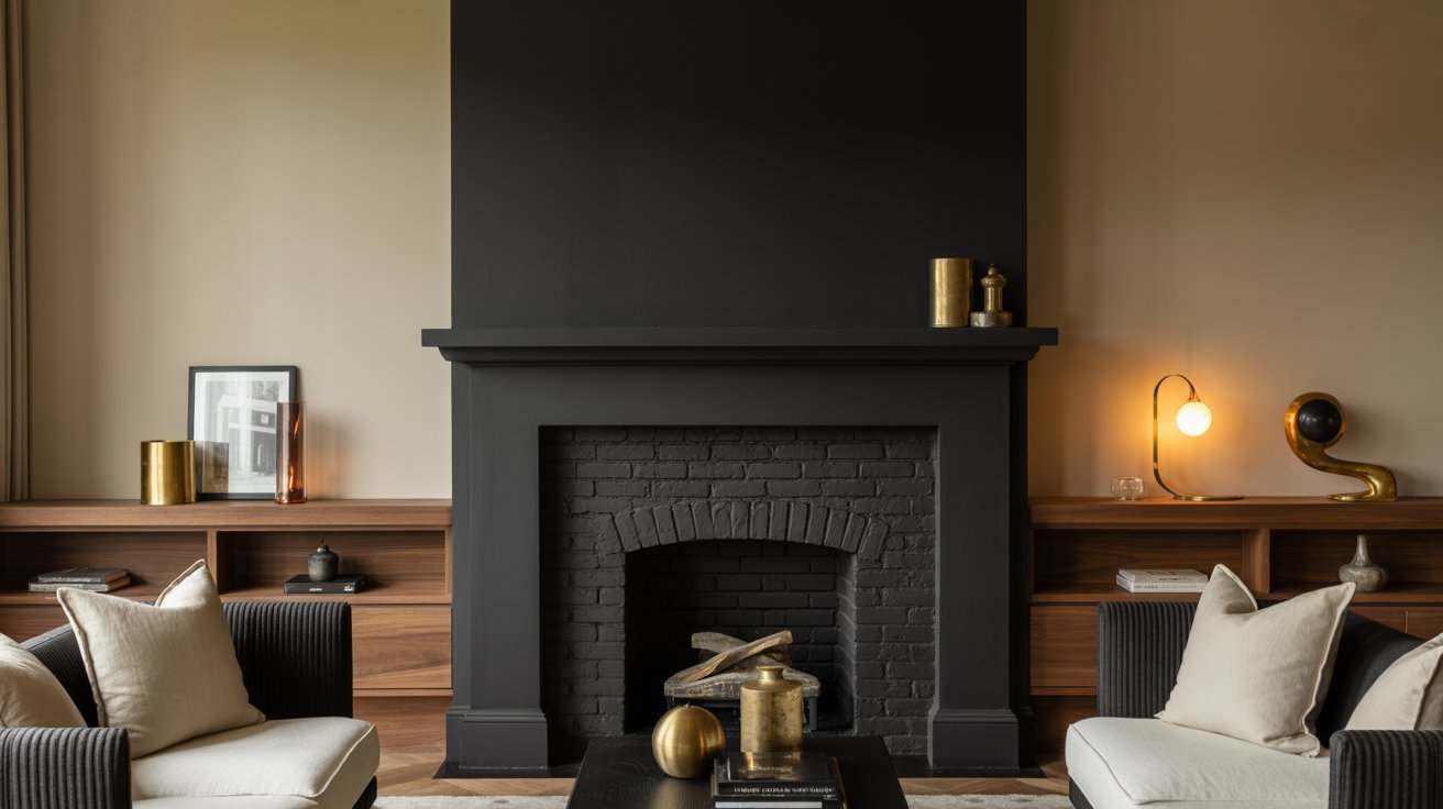 Sophisticated living room with a black fireplace, beige walls, and two white sofas. Gold decor accents and warm lighting create a cozy, elegant atmosphere.