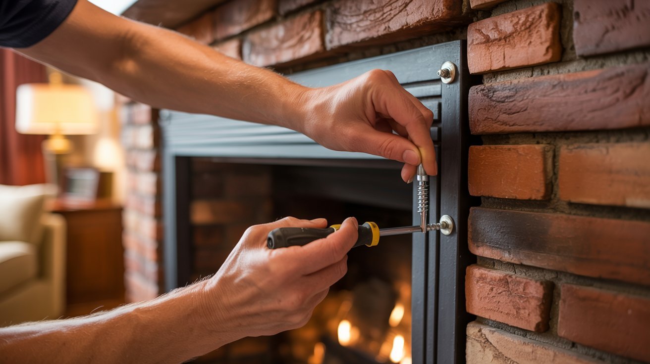 A man repairs a fireplace using a screwdriver, focused on fixing the hardware inside the fireplace structure.