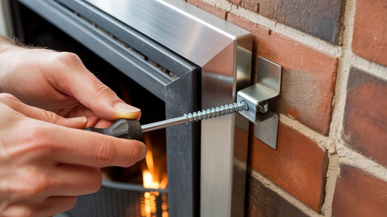 A person tightening a screw on a fireplace, ensuring it is securely fastened for safety and functionality.