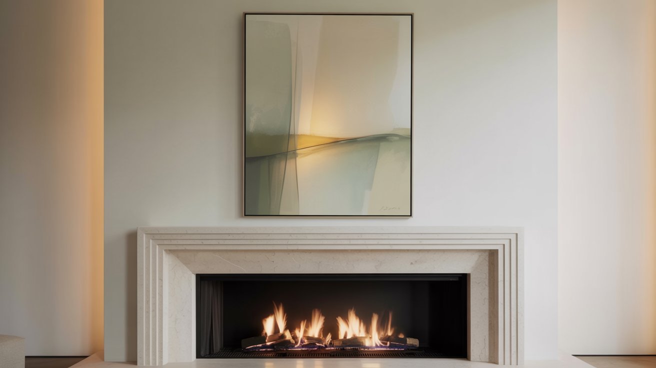 A cozy fireplace with a decorative painting hanging above it on the wall.