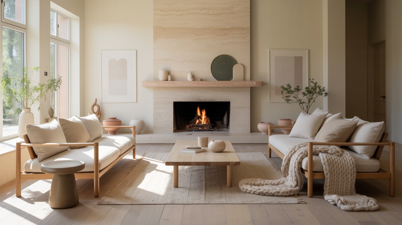 A cozy living room featuring a fireplace and elegant white furniture, creating a warm and inviting atmosphere.