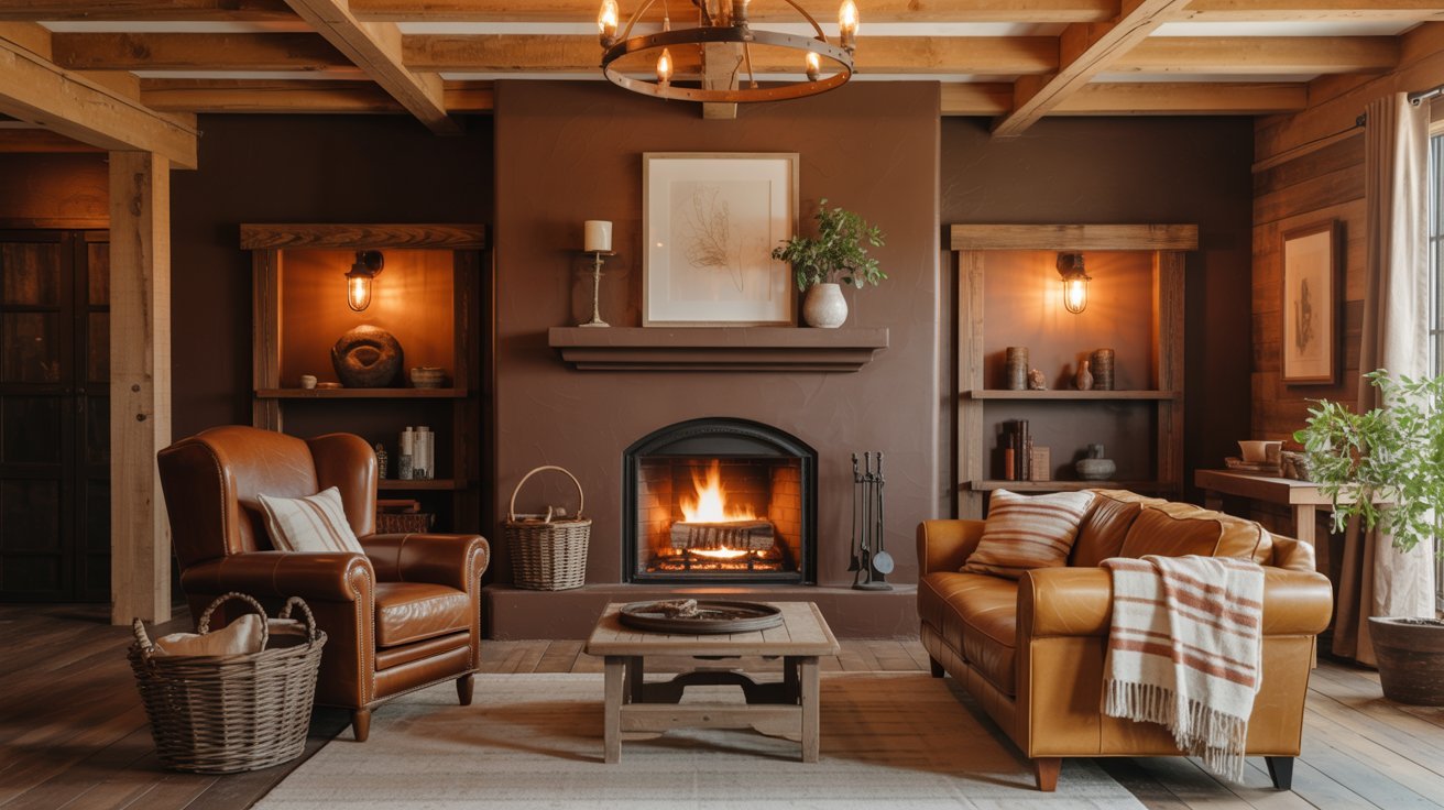 A rustic living room featuring a cozy fireplace and comfortable leather furniture, creating a warm and inviting atmosphere.