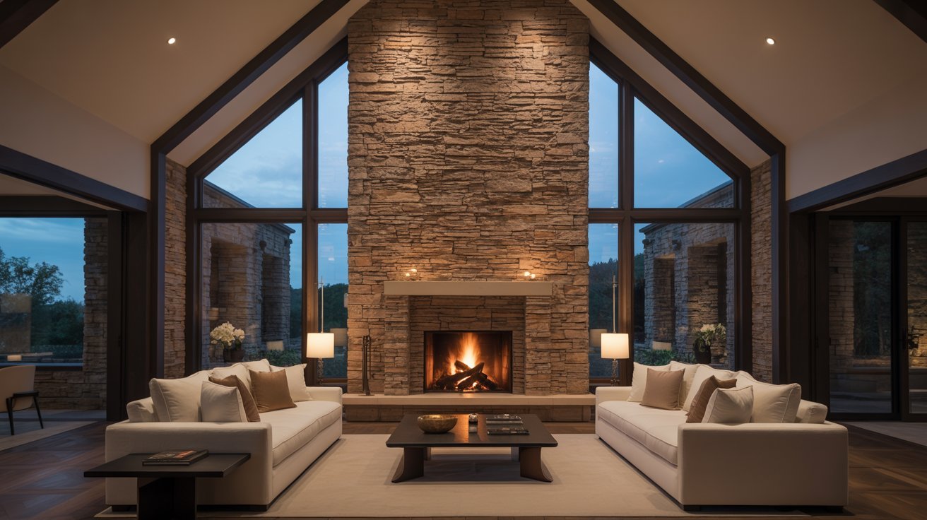 A spacious living room featuring a prominent stone fireplace as the focal point.