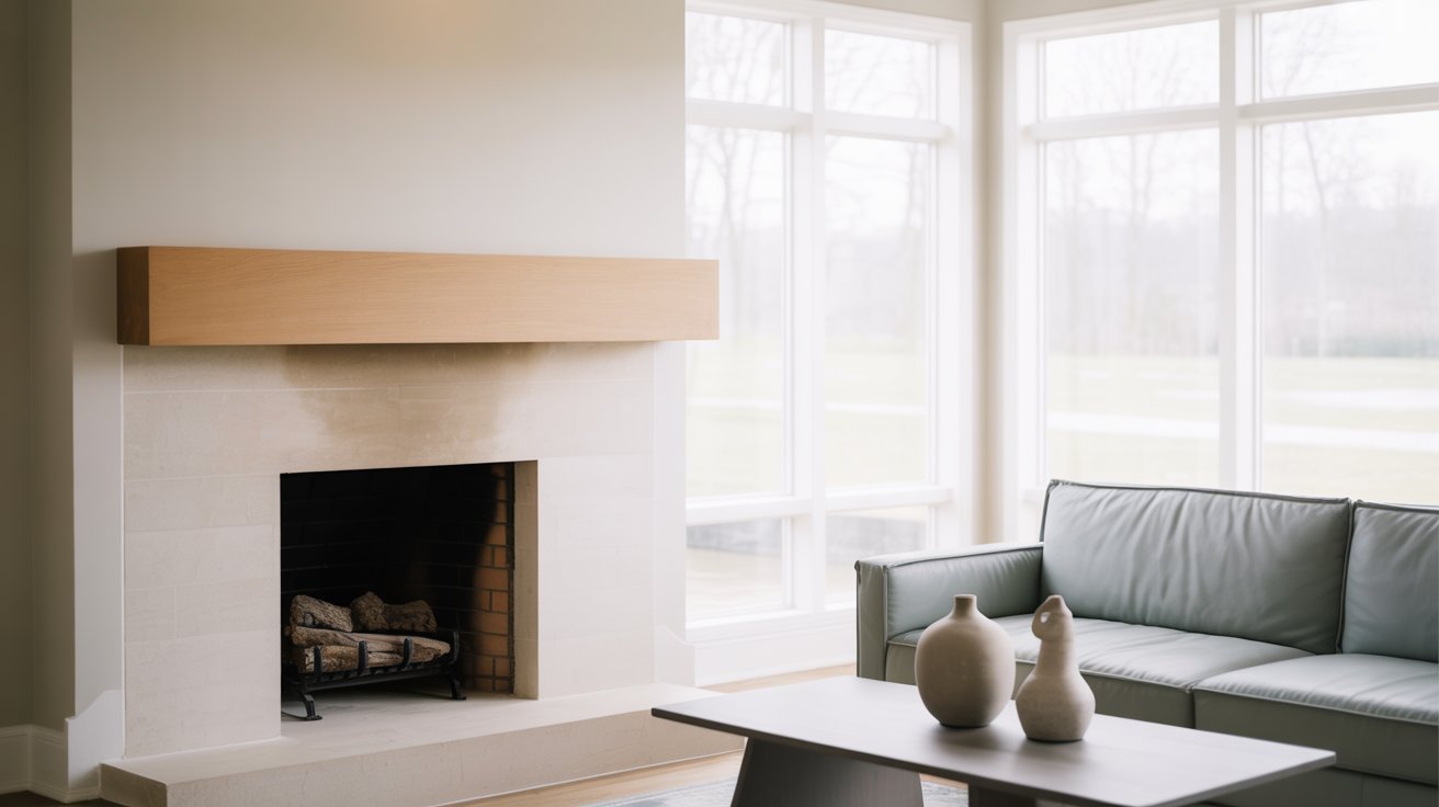 A minimalist living room with large windows, a light wooden fireplace mantel, gray sofa, and simple vases on a coffee table. It conveys calm and simplicity.