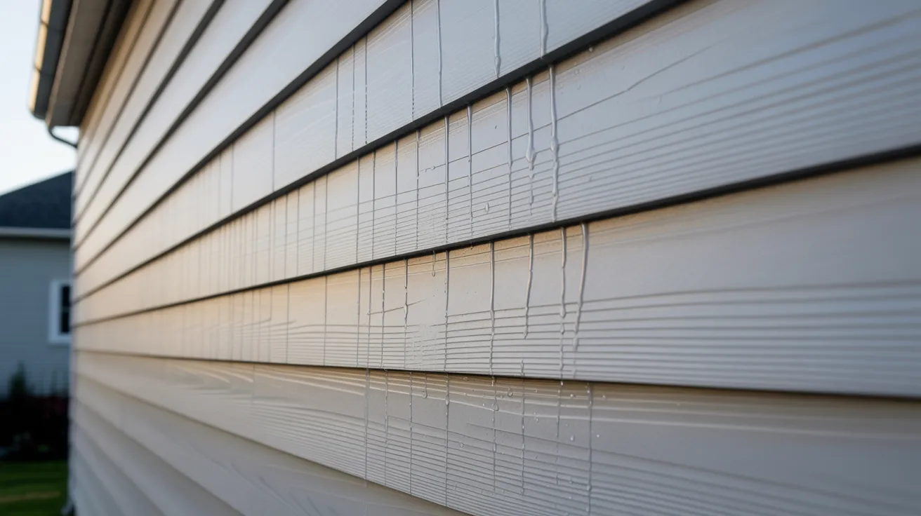 Close-up of a beige vinyl siding on a house, with streaks of water droplets reflecting sunlight. The overall tone is calm and clean, suggesting recent rain.