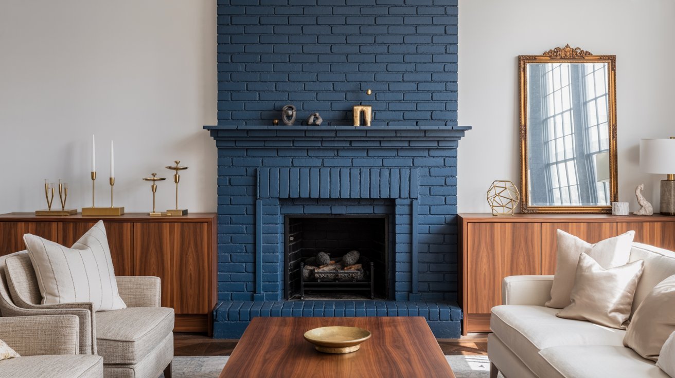 A blue brick fireplace serves as a focal point in a cozy living room, surrounded by warm decor and furniture.