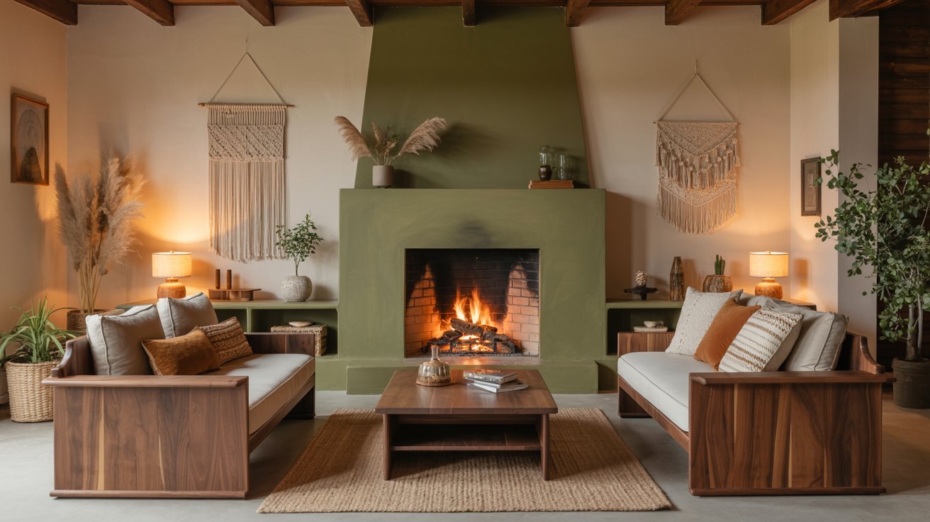 A cozy living room with a green fireplace, lit with a warm fire. Wooden sofas with earth-toned pillows surround a coffee table. Macramé hangings and plants add a bohemian touch.