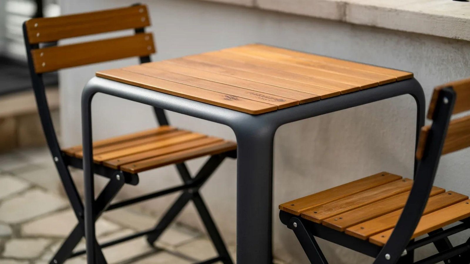 Two wooden chairs and a table set on a brick patio, creating a cozy outdoor seating area.