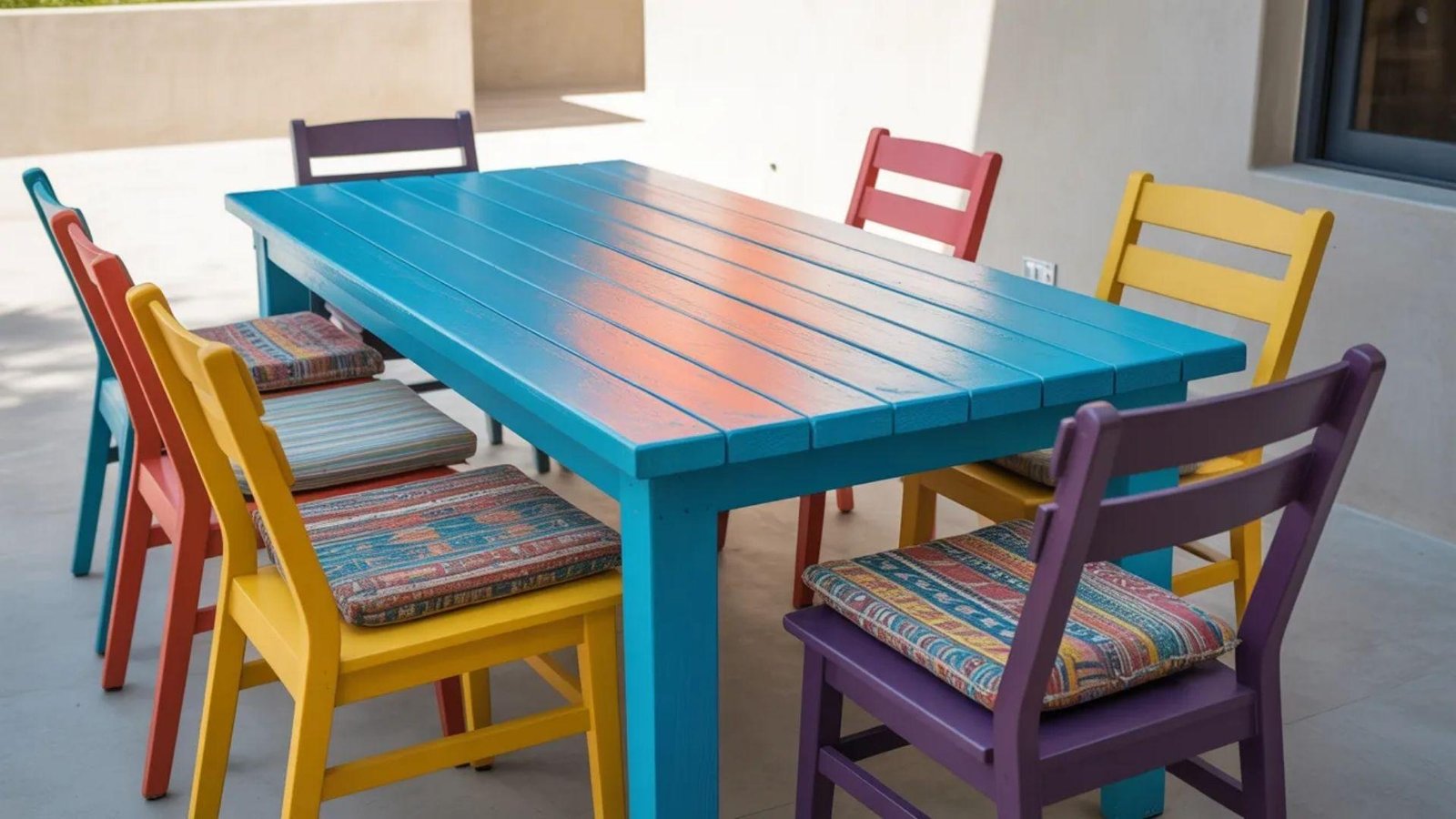 A vibrant patio featuring a colorful table surrounded by matching chairs, ideal for outdoor dining and relaxation.