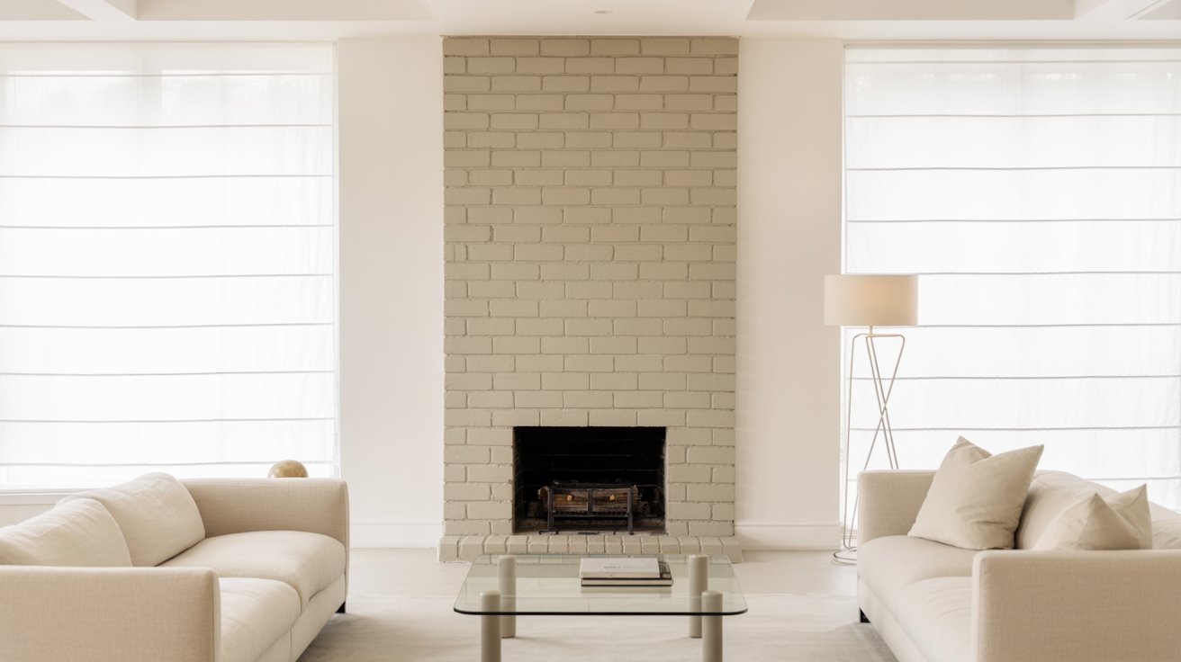 A cozy living room featuring white furniture and a rustic brick fireplace as the focal point.