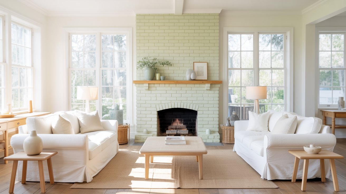 A bright living room featuring white furniture and a cozy brick fireplace as the focal point.