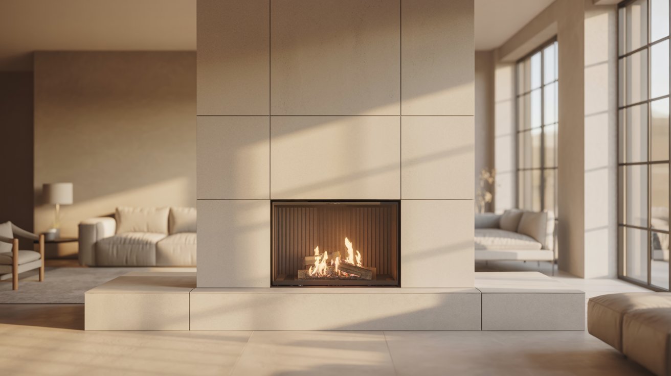 A modern living room featuring a sleek fireplace, stylish furniture, and contemporary decor elements.