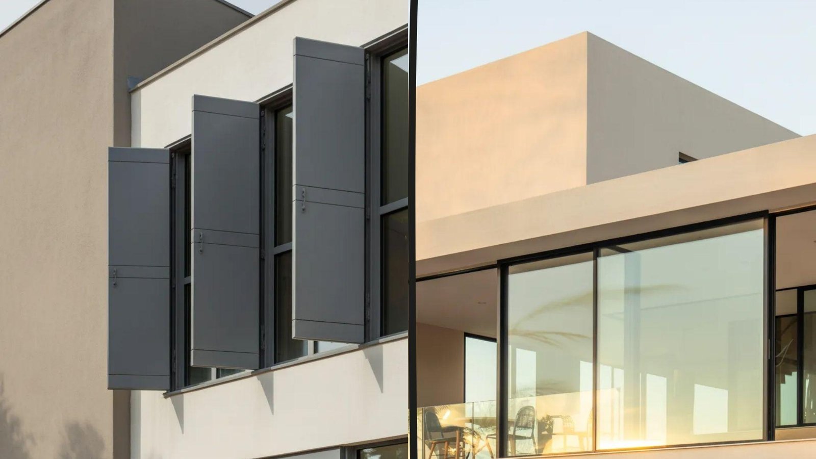 Two images of a sleek modern building featuring large glass windows reflecting the surrounding environment.