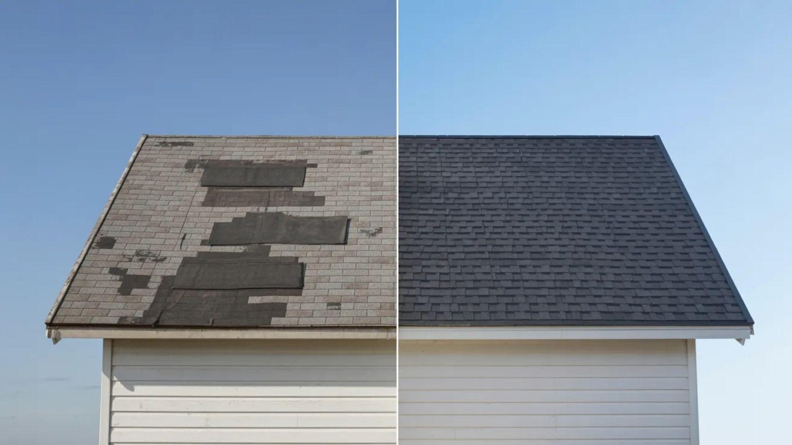 R Before and after images of a roofing project, showcasing the transformation and improved appearance of the roof.
s