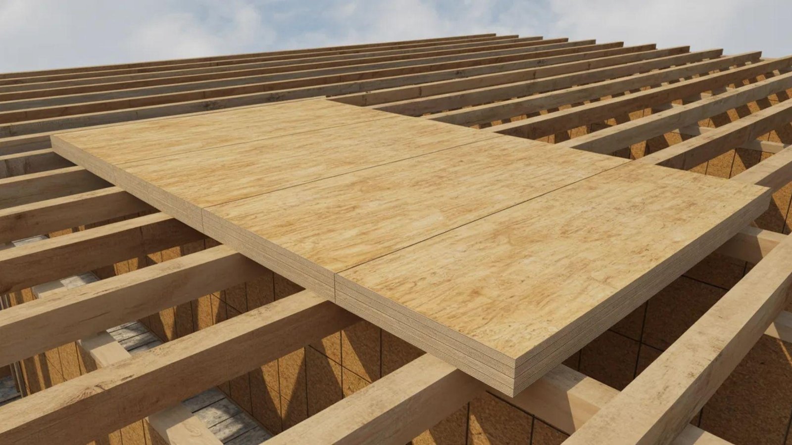 A construction worker installs wooden flooring on the rooftop of a building under a clear blue sky.