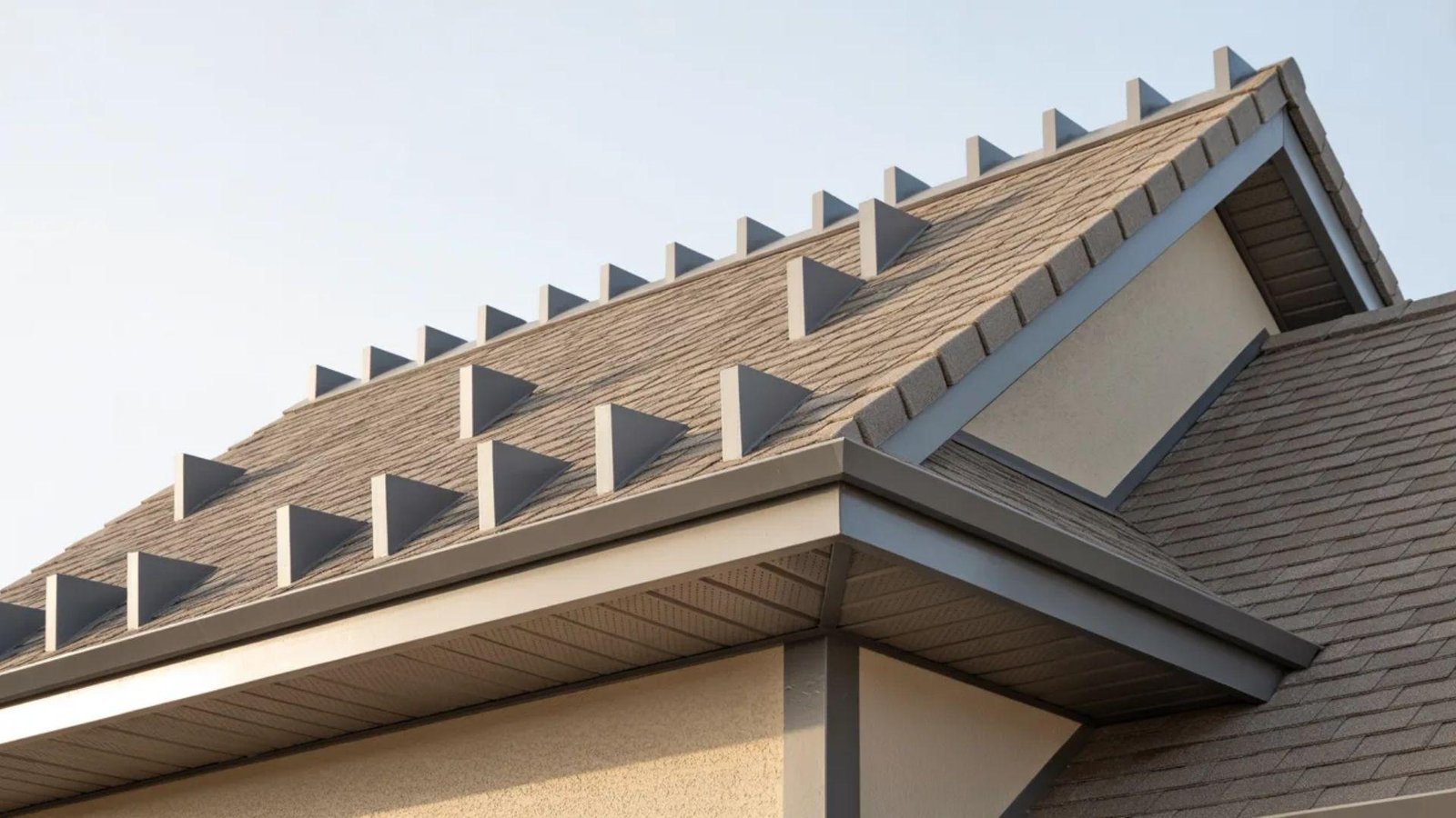 A close-up view of a roof featuring a sleek, modern metal roofing system in a neutral color