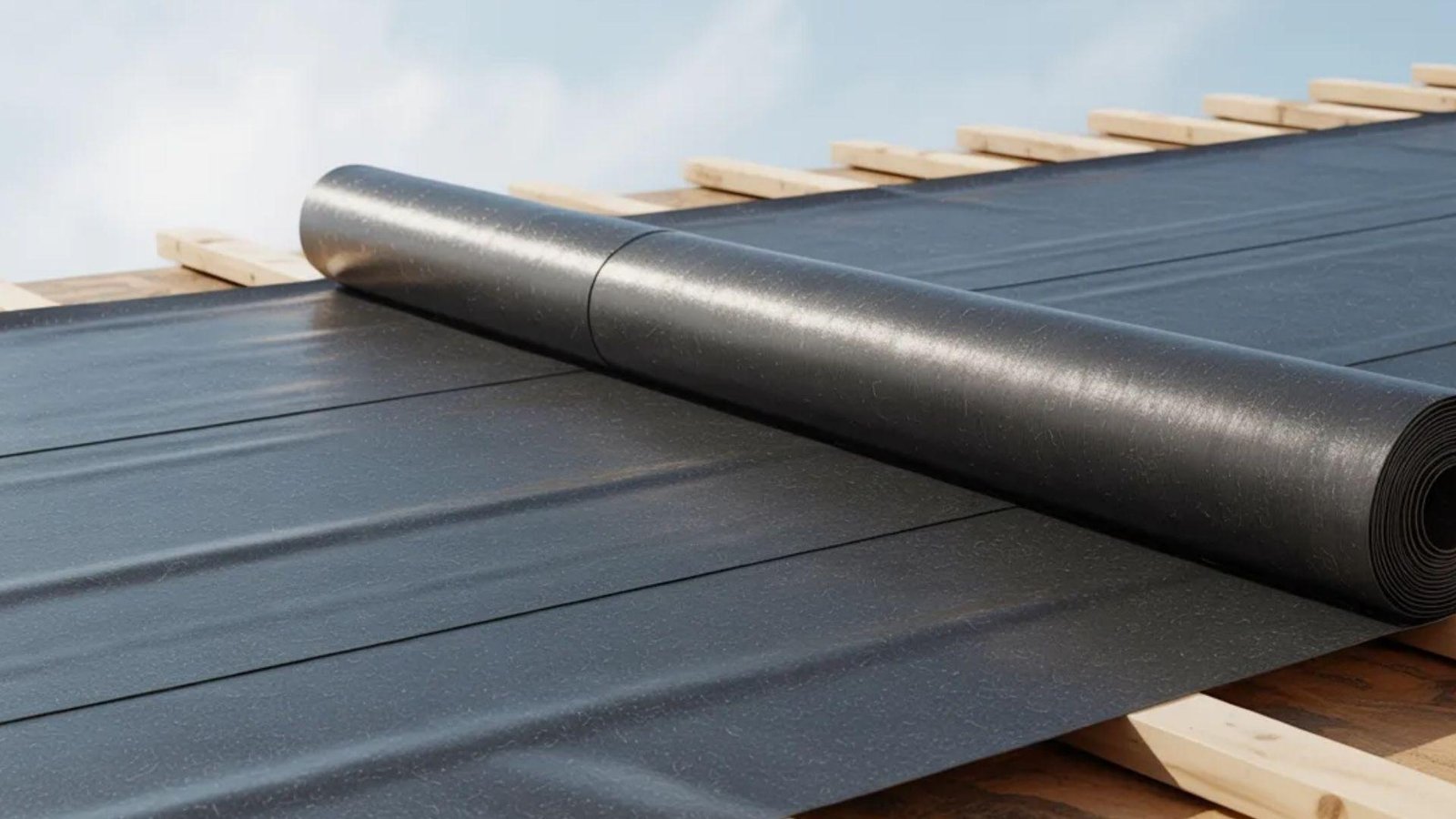 A rolled-up roofing material rests on a wooden roof, ready for installation or repair work.