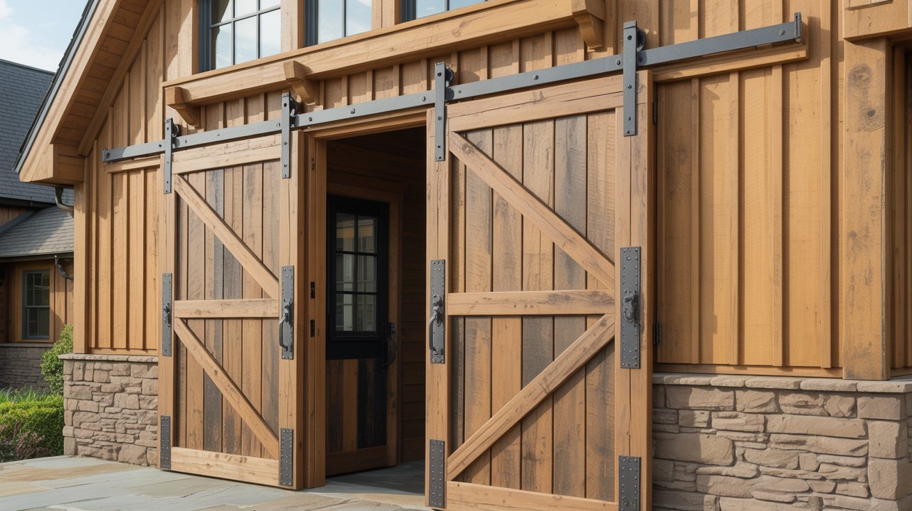 A rustic barn door made of wood, set against a textured stone wall, showcasing a blend of natural materials.