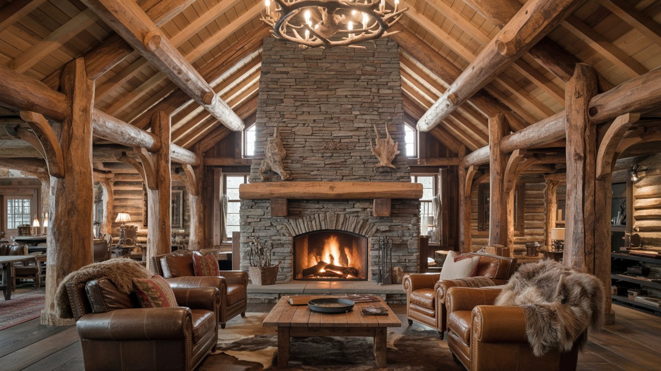 Rustic log home with a charming fireplace and comfortable leather chairs, perfect for relaxation and gatherings.